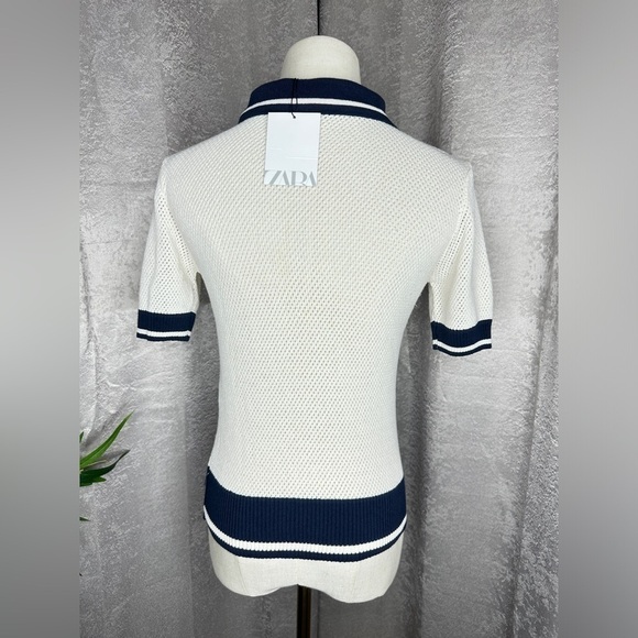 NWT Zara Women’s Combo Crochet Letter Polo Shirt in Cream & Navy Sz M - Picture 9 of 14